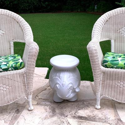 Wicker Patio Chairs  and Ceramic Elephant Table