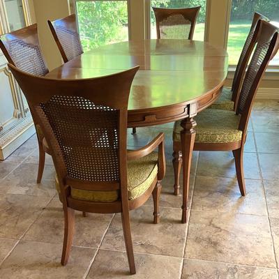 Vintage Dining Table With 6 Cane-Back Chairs And Custom Protective Pad