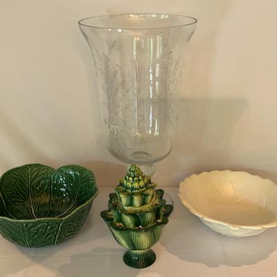 Bordallo Pinheiro Cabbage Salad Bowl,  Abigails Artichoke Vase Etched Glass Case Leafed Serving Bowl