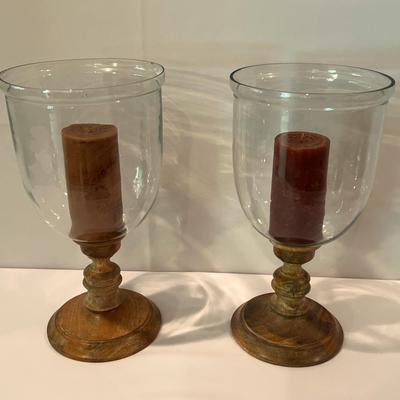 Wooden Glass Hurricane Candle Holders W/ Candles 