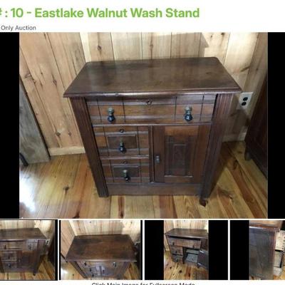 Lot # : 10 - Eastlake Walnut Wash Stand
Measures 29" x 15" x 30" tall, circa 1880's - 90's, 3 drawers, 1 door...