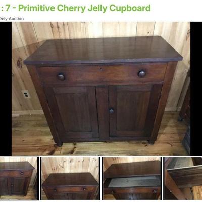Lot # : 7 - Primitive Cherry Jelly Cupboard
Measures 44" x 20" x 43" tall, dovetail constructed drawer, hand chamfered and...