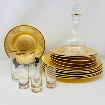 Elegant Glass Gilded Foil Dinnerware 6 Salad & 6 Dinner Plates, Plus Gold Rim Decanter, Ice Bucket & Shot Glasses-