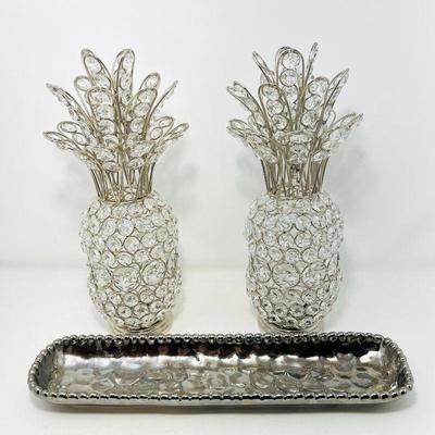  Pair of Glamorous Pineapple decor with Silver- tone Ceramic Tray.