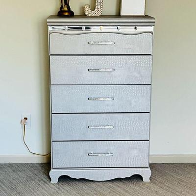 Zarollina Ashley Furniture 5-drawer high boy/dresser featuring Silver/gray finish accented by pearlized faux crocodile skin detailing,...