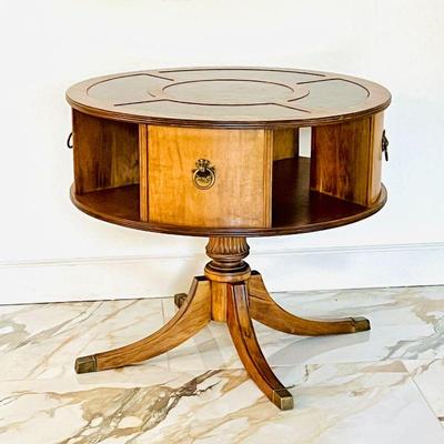  1930s Duncan Phyfe Style ~ Leather Top Rotating Library Drum Table 