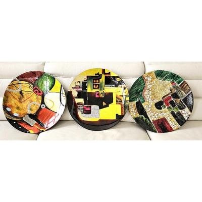 Set of Three Large 18" Decorative & Colorful Lacquered Platters