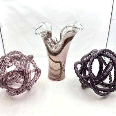 Hand-Blown Lavender Glass Wavy Flower Vase with Two Purple Glass Rope Orbs 7" Diameter