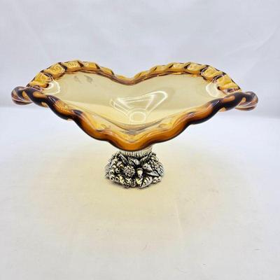  Murano Italy Round Glass Pedestal Bowl with Silver Base and Wavy Scalloped Edges