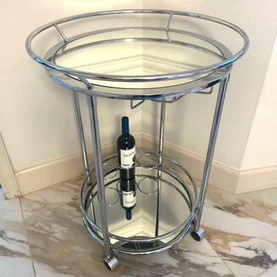 Round Mirrored and Chrome Rolling Bar Cart - 29" x 22" with Wine Glass and Wine Bottle Racks