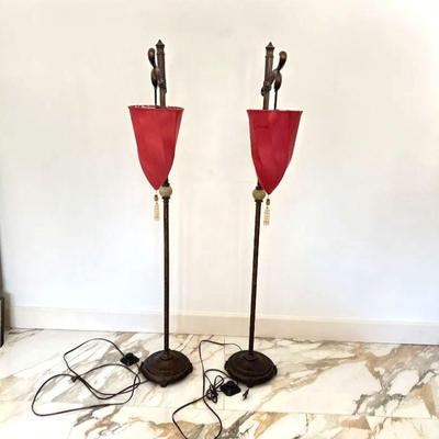 Pair of Vintage Floor Lamps with Red Shades Each 59" Tall W/ Iron Bases