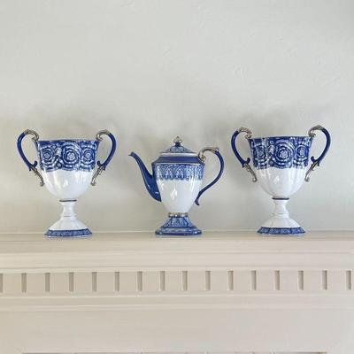  3 Piece Bombay CO. China Set - Blue and White Tea Pot and Urns