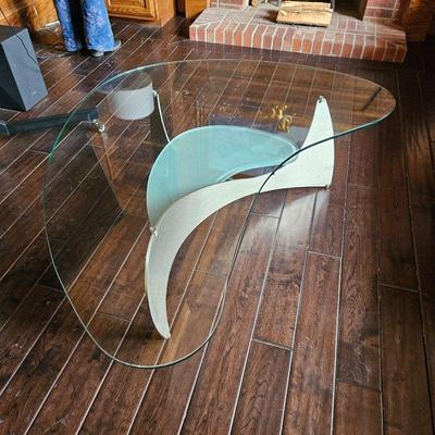 Modern Glass Coffee Table in a Boomerang Shape with Stainless Legs and Frosted Glass Lower Shelf