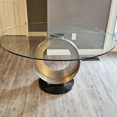  Scandinavian Designs Glass Top Dining Table with Heavy Steel Circular Base 54" Diameter x 29"H
