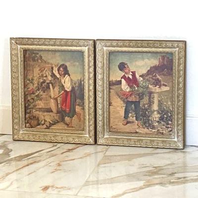 Framed Rustic Artwork - 2 Vintage Prints Approx 18" x 15"