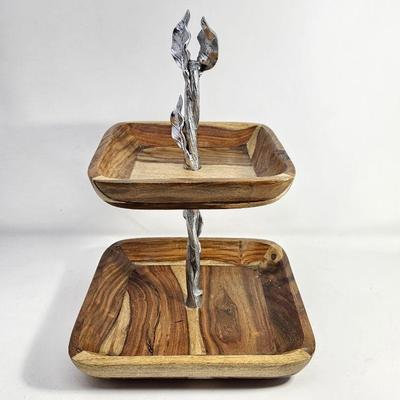 Teak Wood Two-Tier Snack Serving Tray with Silver Leaf Design Handle by Pier One
