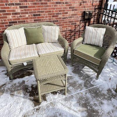 -Martha Stewart Sage Green All Weather Wicker Patio Set- Loveseat, Armchair and one Side Tables