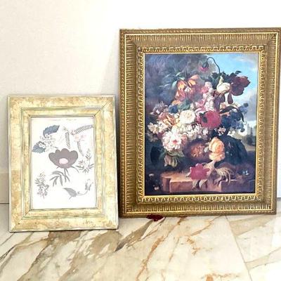  Floral Prints Lot - Two Framed Floral Art Pieces with Gold Framing.