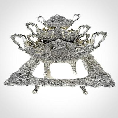 Vintage Ornate Turkish Silver Tone Serving Set-  Footed Gondola Bowls and Tray