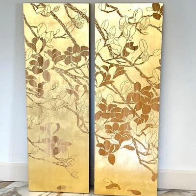  Set of 2 Gold Painted Hollow Wood Flower Art Panels Each 15.5" x 47.5"