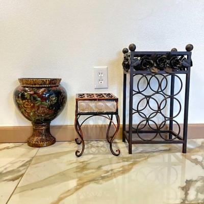  Decorative Home Accessories Lot - Elegant Hand-Painted Vase, Stylish Stand, and Decorative Table.