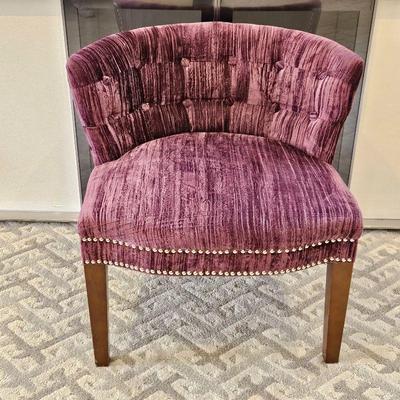 Bright Purple Upholstered Wide Chair with Tufted Back, Silver Stud Accents & Wood Legs