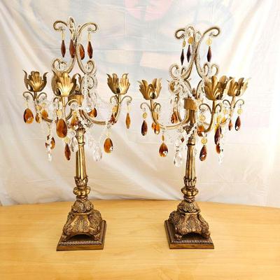 Set of Two Gilded Candelabras Adorned with Amber and Glass Crystals - Holds Taper Candles