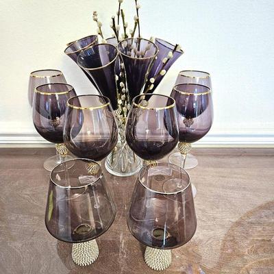  Elegant Glassware Set - Purple Wine, Champagne, and Cognac Glasses with Gold Accents.