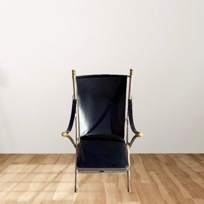Maison Jansen 1950s Campaign Folding Chair- Collectors Piece in Brass, Steel and Black Leather