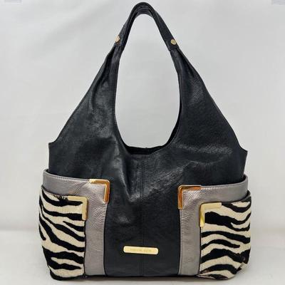 Michael Kors Black Leather Hobo w/ Zebra Detail Pockets Shoulder Bag