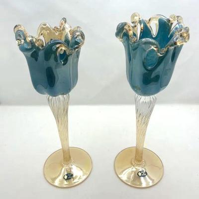 Beautiful Handblown iridescent Gold and Teal Glass Sconces - Made in Italy.