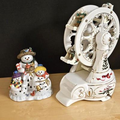  Fun Porcelain Christmas Ferris Wheel / Music Box that Circles While Playing Music, Plus Snowman Candle Holder