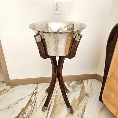 -Hammered Metal Ice Bucket on Wooden Stand - Made in India
