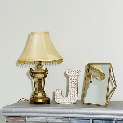 Home Decor Lot - Vintage style Lamp, Decorative Letter 'J', and Geometric Mirror.