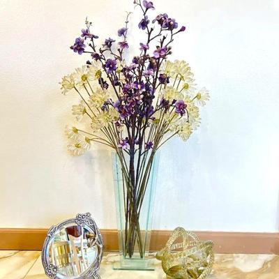  Decorative Home Accents Lot - Elegant Table Top Mirror, Floral Arrangement from ZGALLERY, and Glass Sculpture.
