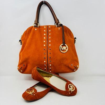 Michael Kors Suede Handbag, Orange, with Gold Accents PLUS Matching Sz. 8 Flats/Shoes