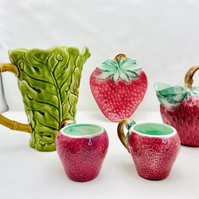Vintage Fruit-Themed Pottery Set - Leaf Pitcher & Strawberry Cups & Pitcher Plus Strawberry Salt & Pepper