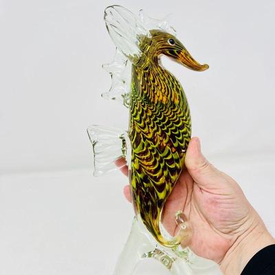Handblown Green Multicolored Glass Seahorse - 11 inches tall