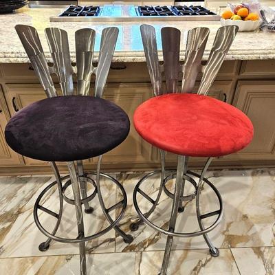 Set of Two Contemporary Bar Height Bar Stools - Swivel with Foot Rests - Red and Deep Purple