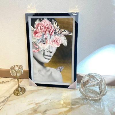  Artistic Home Decor Lot - Framed Floral Artwork, Elegant Candle Holder & Unique Glass Sculpture.