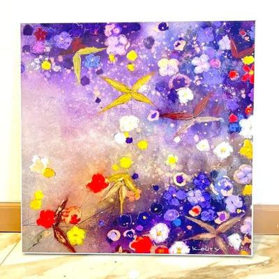 ZGALLERIE Beautiful Purple Multicolored Epoxy Floral Print - 2' x 2' with Wood Framing.