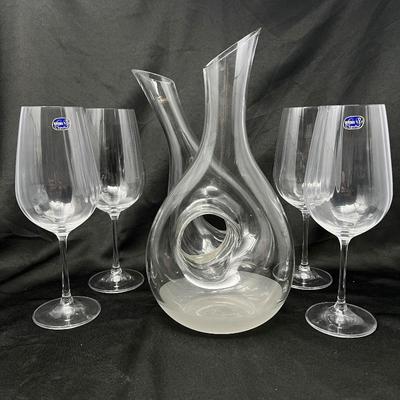  Bohemian Crystal Wine Glasses and Two Modern Glass Carafe Set