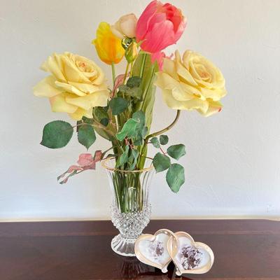  CRISTAL D'ARQUES DURAND Longchamp Crystal Footed Flower Vase with Faux Flowers and Heart Shaped Photo Frame