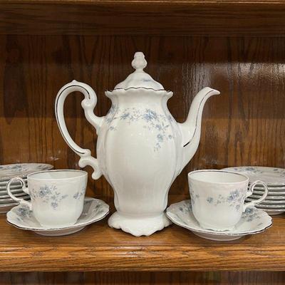  Vintage Johann Haviland Blue Garland Tea Set with Teapot, Dessert Plates and 4 Person Set of Cups and Saucers