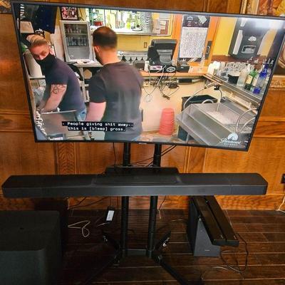 Beautiful Curved Screen Samsung 55" Smart TV (2018) Paired with JBL Sound Bar / Subwoofer & Rolling Floor Stand