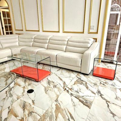  Modern Contemporary Glass Cube Tables with Bright Orange Base - Set of Three