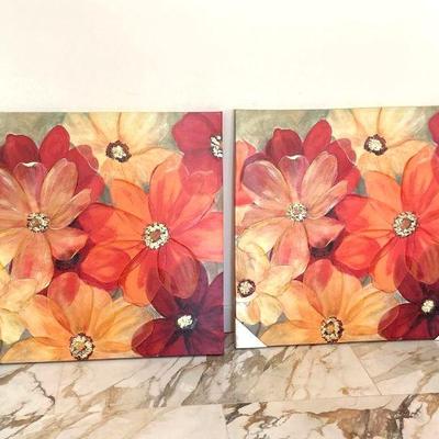  Square Red and Gold Flower Canvas Paintings 39.5" x 39.5"