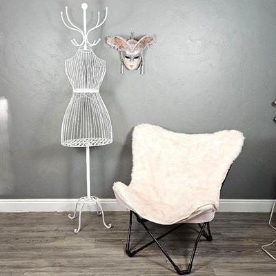 Girl's Room Lot! Paris Style Dress Form/ Coat Rack plus Foldable Pink Haired Lounge Chair & Venetian Opera Mask