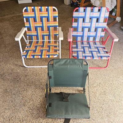 Outdoor Seating Lot - Two Colorful Low Lying Beach Chairs & Dick's Folding Stadium Chair