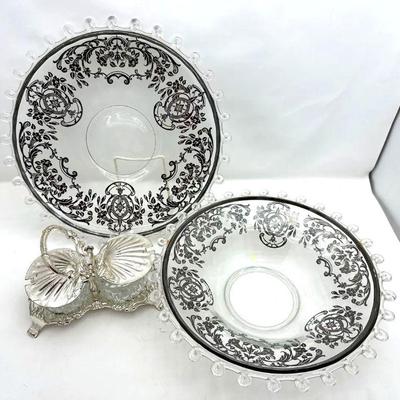  Glass Plate and Matching Serving Bowl w/ Decorative Onlay Plus Glass and Silver Relish Server Elegant Glass Serving Set - Includes 2...